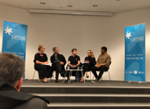 Photo of panellists: (left to right): Clara Edwards (chair), The Hon. John Graham, MLC, Andrew Levins (DJ Levins), Emilya Colliver, Paschal Daantos Berry. Source: Callum Maddox