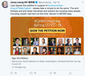 Tweet by Jenny Leong MP: "I just signed this petition in support of #unityoverfear - http://chng.it/7MqbZzgkqK - please take a minute to do the same. The anti-chinese and anti-asian narratives and actions are causing many people, including myself, real harm at this time. Racism is NEVER okay."